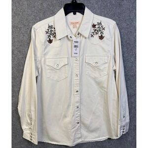 Vintage Threads Womens Cream Floral Embroidered Western Snap Front Shirt Medium